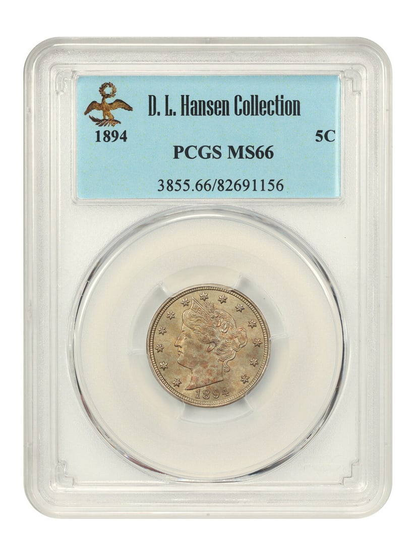 1894 Liberty Nickel 5C PCGS MS66 Philadelphia Issue: 1894 Liberty Nickel 5C PCGS MS66 Philadelphia Issue 1894 5c Liberty Nickel graded PCGS MS66 and certified by PCGS. The coin is described as fully original with envelope toning showing mottled reds and