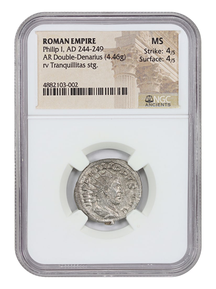 NGC MS Philip I Ancient Roman AR Double Denarius 4.46g: NGC MS Philip I Ancient Roman AR Double Denarius 4.46g Ancient Roman AR Double-Denarius of Philip I (AD 244-249). This pre-owned coin was minted during the Ancient Roman Empire and is presented as a h