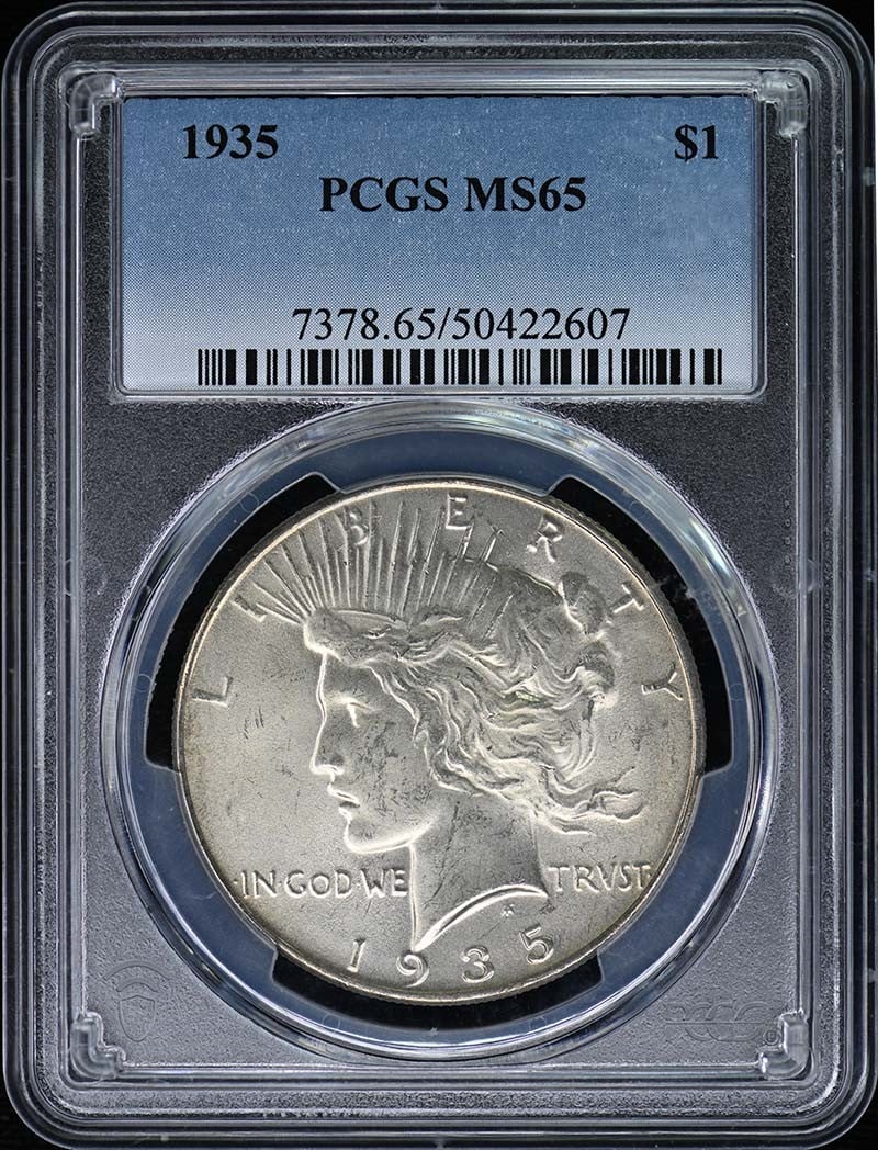 1935 $1 Peace Dollar Certified by PCGS MS65 Philadelphia Mint: 1935 $1 Peace Dollar Certified by PCGS MS65 Philadelphia Mint This 1935 Peace Dollar is a stunning piece graded MS65 by PCGS, ensuring its exceptional quality and uncirculated condition. Struck at the