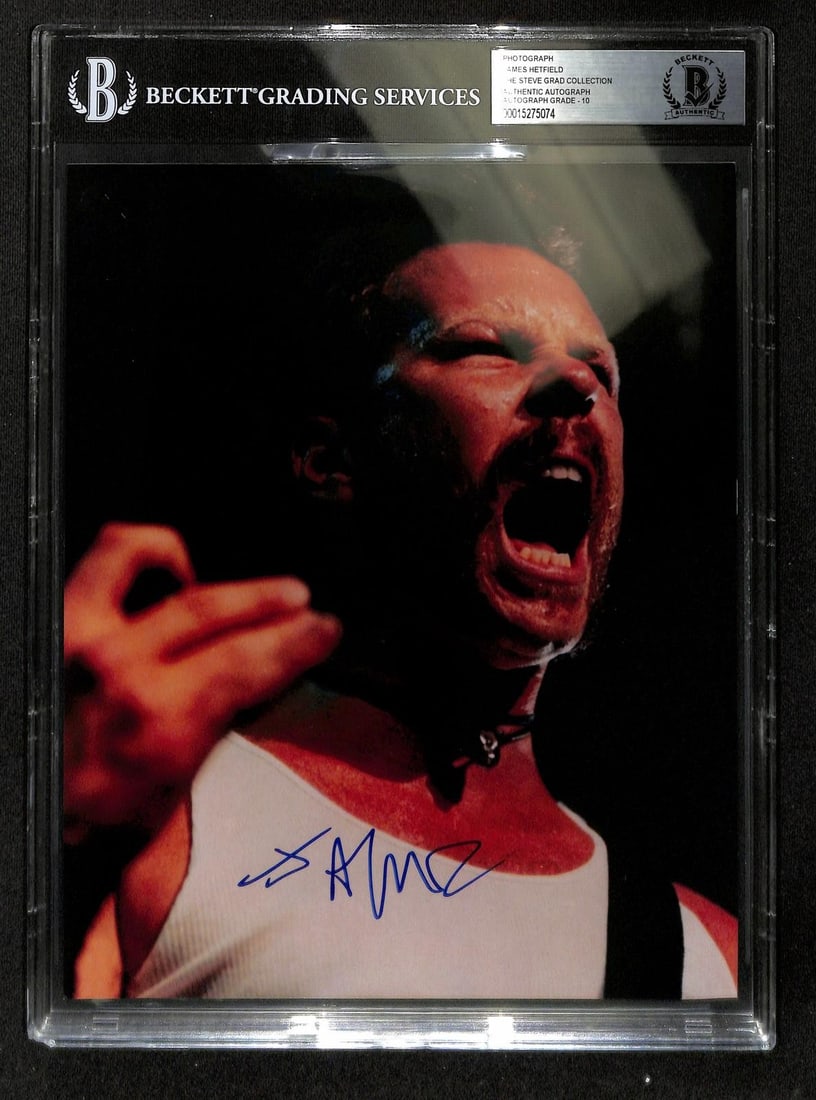 Beckett Certified James Hetfield Autographed 8x10 Metallica Photo: Beckett Certified James Hetfield Autographed 8x10 Metallica Photo This 8x10 photo features the signature of James Hetfield from the Load Era of Metallica. The autograph has been authenticated and enca