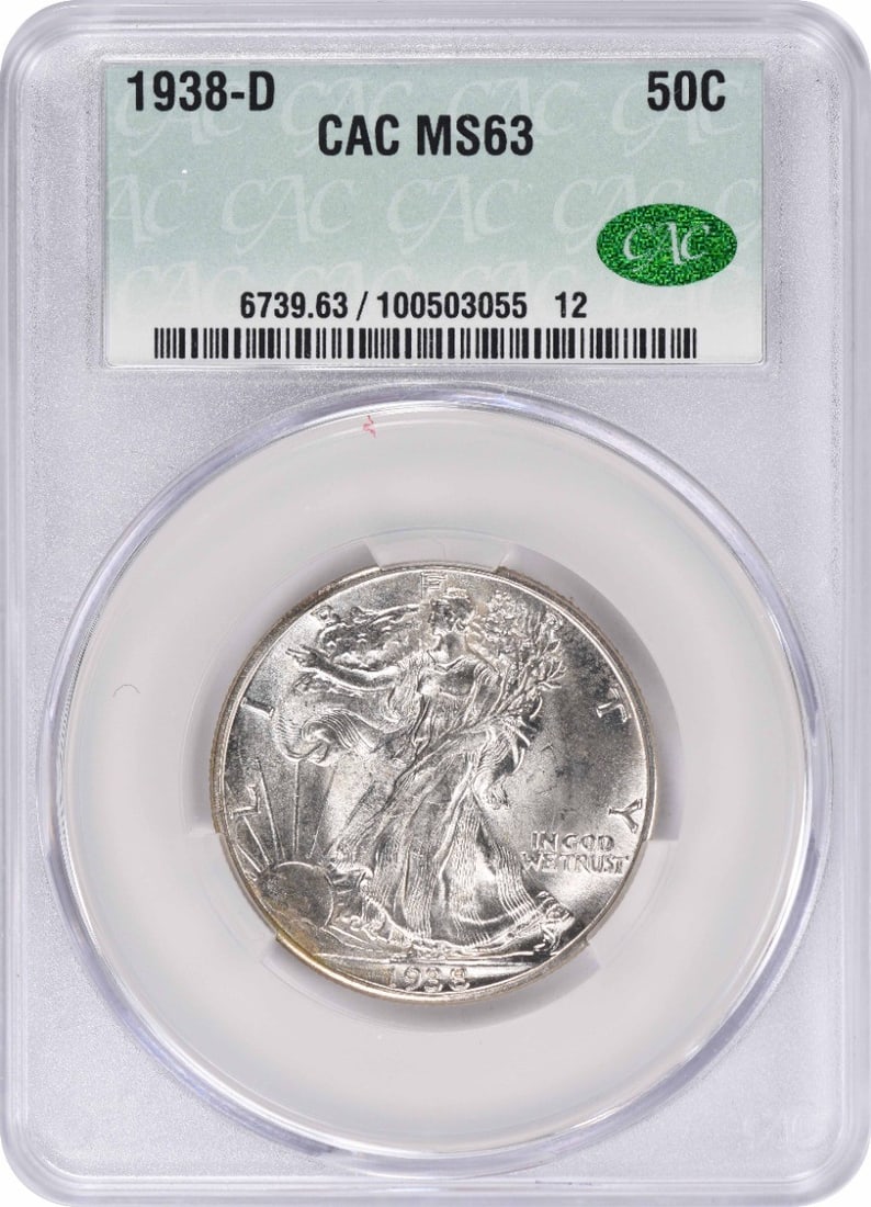 1938 Denver Liberty Walking Half Dollar 90% Silver MS63 CACG Certified: 1938 Denver Liberty Walking Half Dollar 90% Silver MS63 CACG Certified This 1938-D Walking Liberty Silver Half Dollar is certified MS63 by CACG and was minted in Denver. The coin features the iconic L