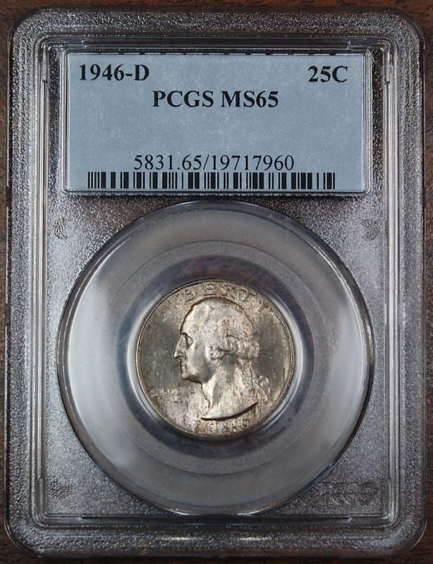 PCGS MS65 1946-D Washington Silver Quarter: PCGS MS65 1946-D Washington Silver Quarter This is a 1946-D Washington Quarter, composed of silver and minted in Denver. The coin is uncirculated and has been professionally graded MS-65 by PCGS, ensu