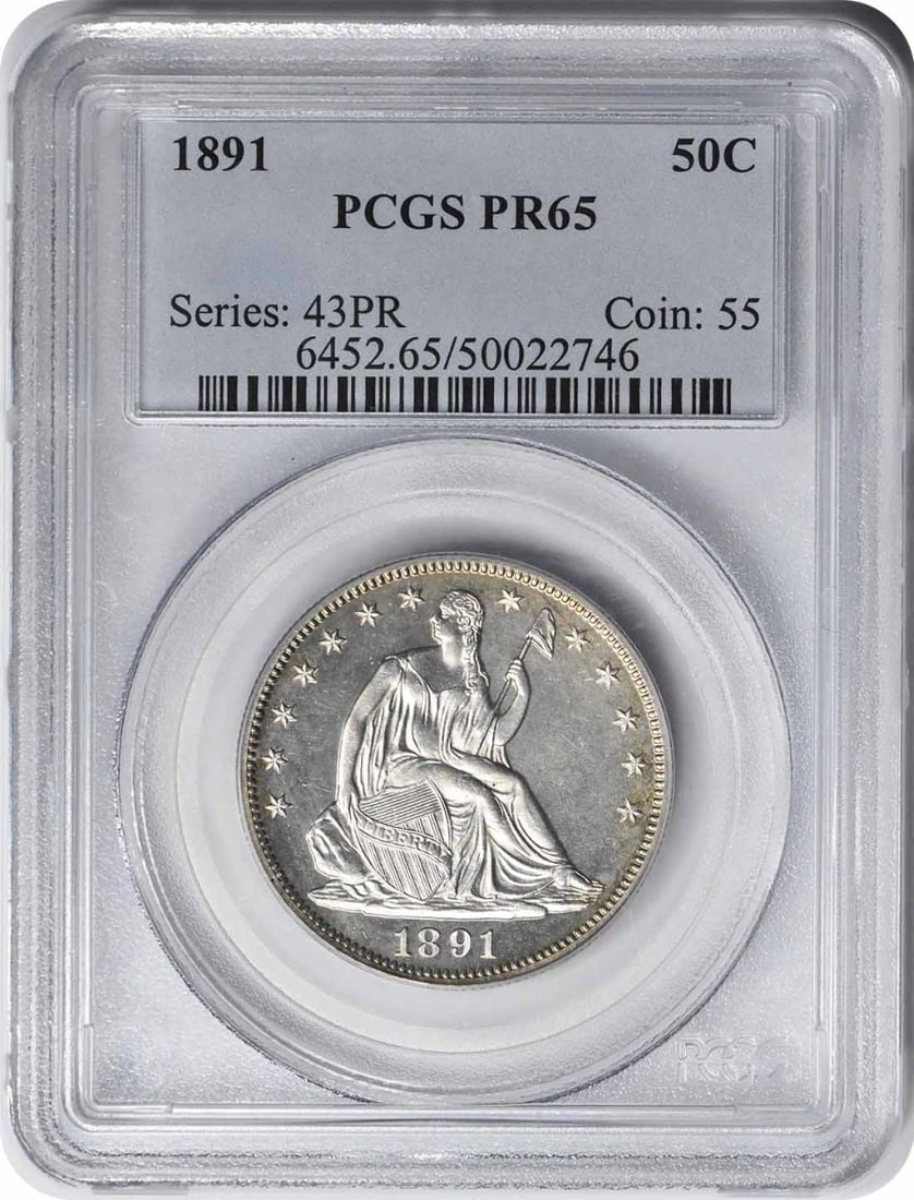 1891 Liberty Seated Half Dollar PR65 PCGS 90% Silver 600 Mintage: 1891 Liberty Seated Half Dollar PR65 PCGS 90% Silver 600 Mintage This 1891 Liberty Seated Silver Half Dollar is a stunning uncirculated proof coin, graded PR65 by PCGS. Minted in Philadelphia, this co