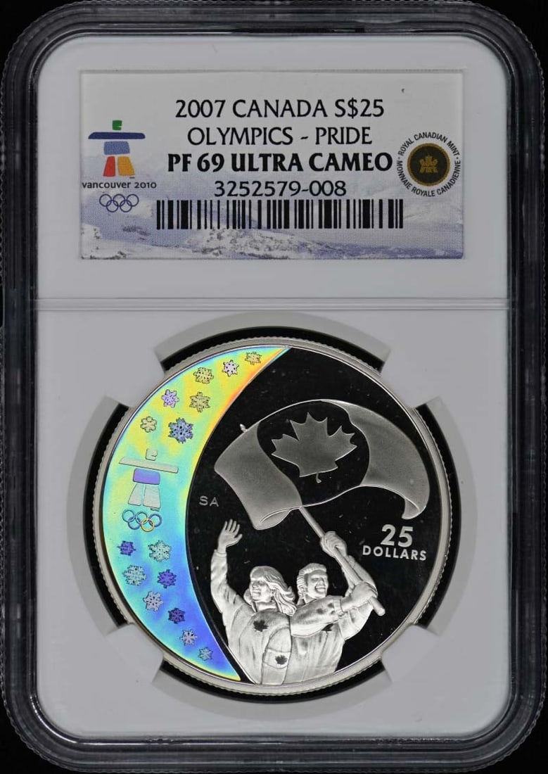 Canada 2007 Olympics Pride 25 Dollar NGC PR69DCAM: Canada 2007 Olympics Pride 25 Dollar NGC PR69DCAM This is a 2007 Canadian $25 coin commemorating the Olympics. The coin has been graded PR69 Deep Cameo by NGC and is in uncirculated condition. It is a
