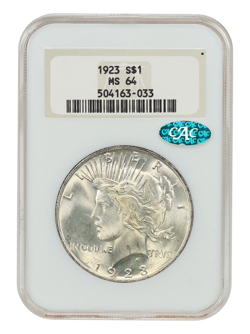 1923 Peace Dollar $1 NGC MS64 CAC Philadelphia: 1923 Peace Dollar $1 NGC MS64 CAC Philadelphia 1923 Peace Dollar $1 certified by NGC and CAC, graded MS64. This uncirculated coin was struck in Philadelphia and is identified as part of the Peace Doll