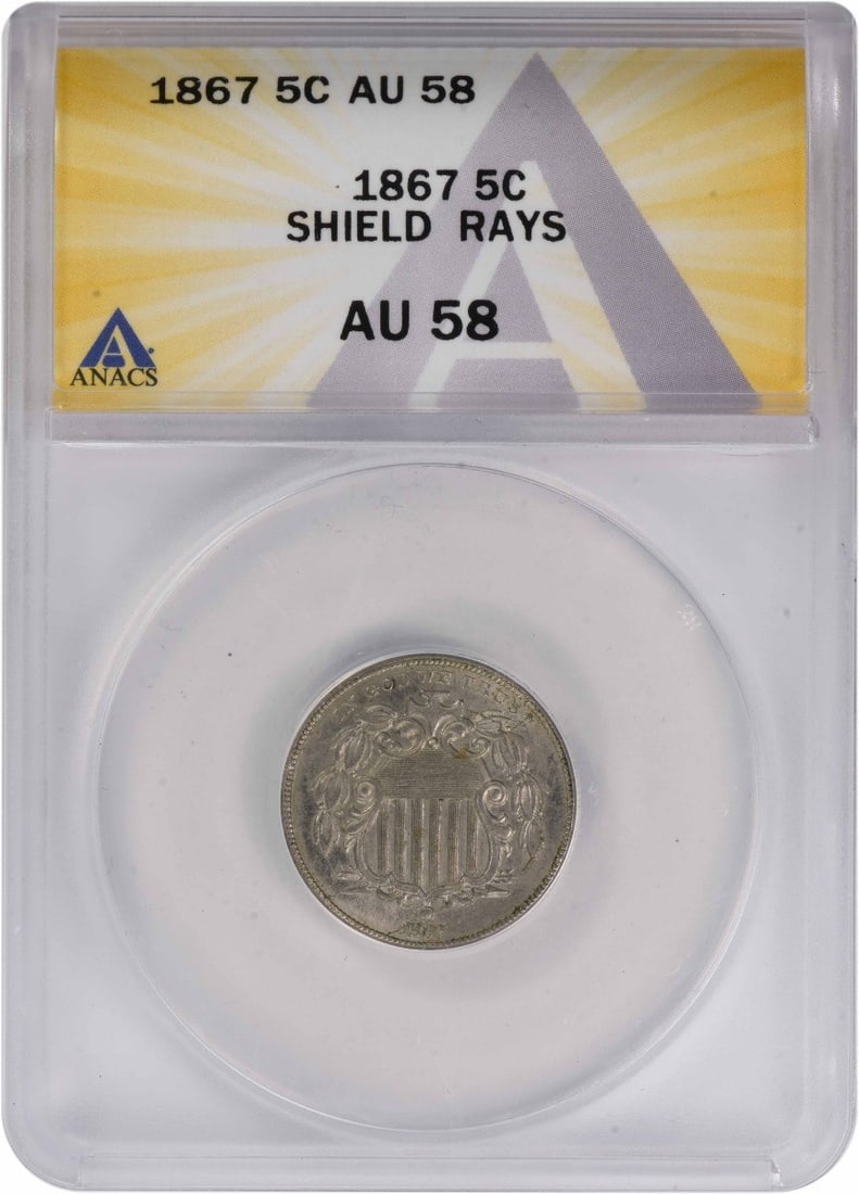 ANACS AU58 1867 Shield 5C Nickel Coin (1 of 2)
