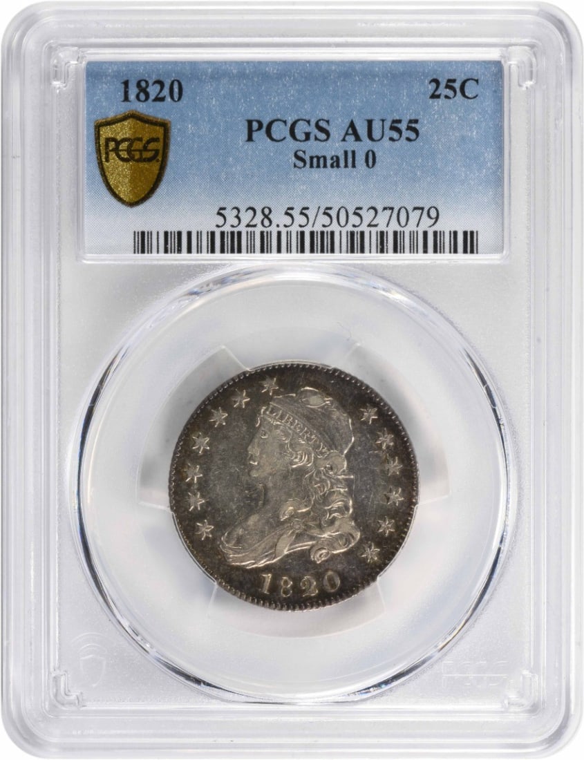 1820 Capped Bust Silver Quarter AU55 PCGS Philadelphia Mint: 1820 Capped Bust Silver Quarter AU55 PCGS Philadelphia Mint This 1820 Bust Silver Quarter, graded AU55 by PCGS, features the classic Capped Bust design crafted by John Reich. Minted in Philadelphia, t