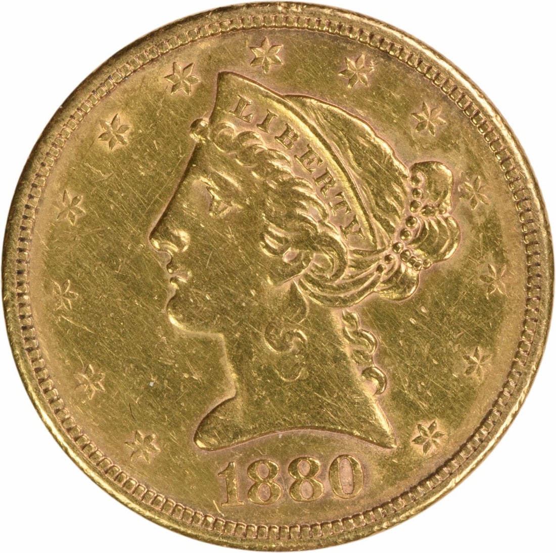 1880 San Francisco $5 Gold Liberty Head AU Uncertified Coin: 1880 San Francisco $5 Gold Liberty Head AU Uncertified Coin This is an 1880-S $5 Gold Liberty Head coin from the San Francisco Mint. The coin is composed of 90% gold and 10% copper, designed by Christ