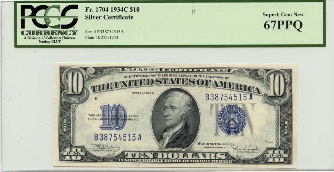 1934 $10 Silver Certificate Fr# 1704 PCGS Superb Gem 67 PPQ: 1934 $10 Silver Certificate Fr# 1704 PCGS Superb Gem 67 PPQ This 1934 $10 Silver Certificate, designated as Fr# 1704, is a remarkable piece of currency history. Graded as a Superb Gem 67 by PCGS, this