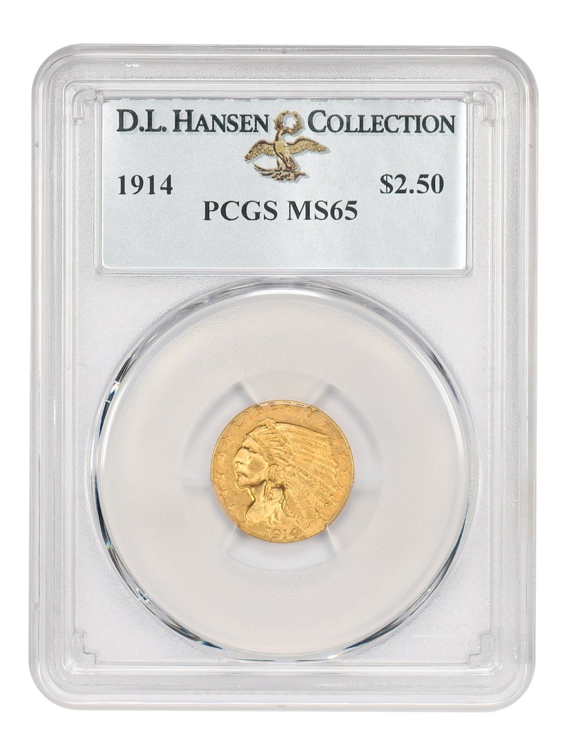 1914 Indian Quarter Eagle $2.50 PCGS MS65 ex D.L. Hansen: 1914 Indian Quarter Eagle $2.50 PCGS MS65 ex D.L. Hansen A 1914 $2.50 Indian quarter eagle certified by PCGS as MS65. Minted in Philadelphia, this uncirculated example is noted as a better date in the