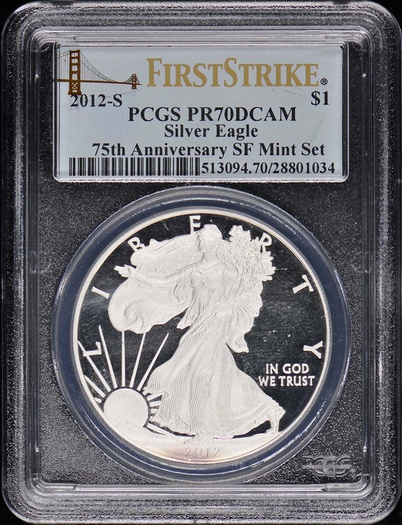 2012-S Silver Eagle PR70 PCGS First Strike 75th Anniversary Set: 2012-S Silver Eagle PR70 PCGS First Strike 75th Anniversary Set This 2012-S Silver Eagle coin is part of the 75th Anniversary set and has been graded PR70 by PCGS with First Strike designation. It is 