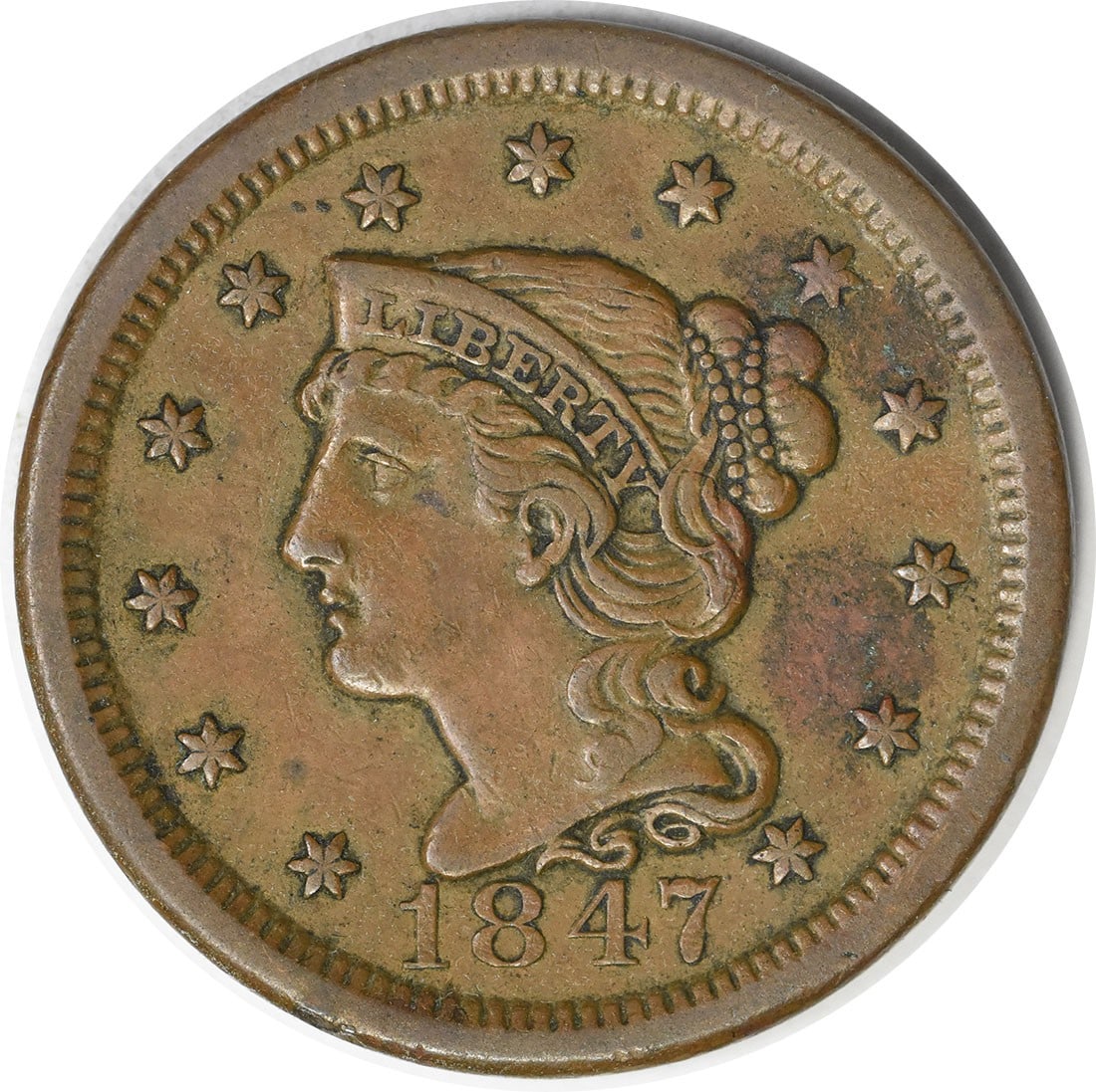 1847 Braided Hair Large Cent XF Copper Coin Uncertified: 1847 Braided Hair Large Cent XF Copper Coin Uncertified This 1847 Large Cent is a noteworthy collectible coin from the Philadelphia mint, featuring the iconic Braided Hair design by Christian Gobrecht