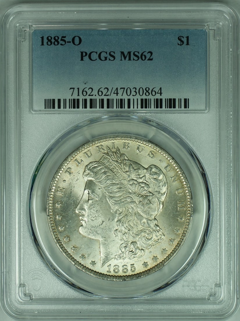 PCGS MS-62 1885-O Morgan Dollar Uncirculated Silver Coin: PCGS MS-62 1885-O Morgan Dollar Uncirculated Silver Coin This is an 1885-O Morgan Silver Dollar coin graded MS-62 by PCGS. Minted in New Orleans, this uncirculated coin is composed of 0.9 fine silver 