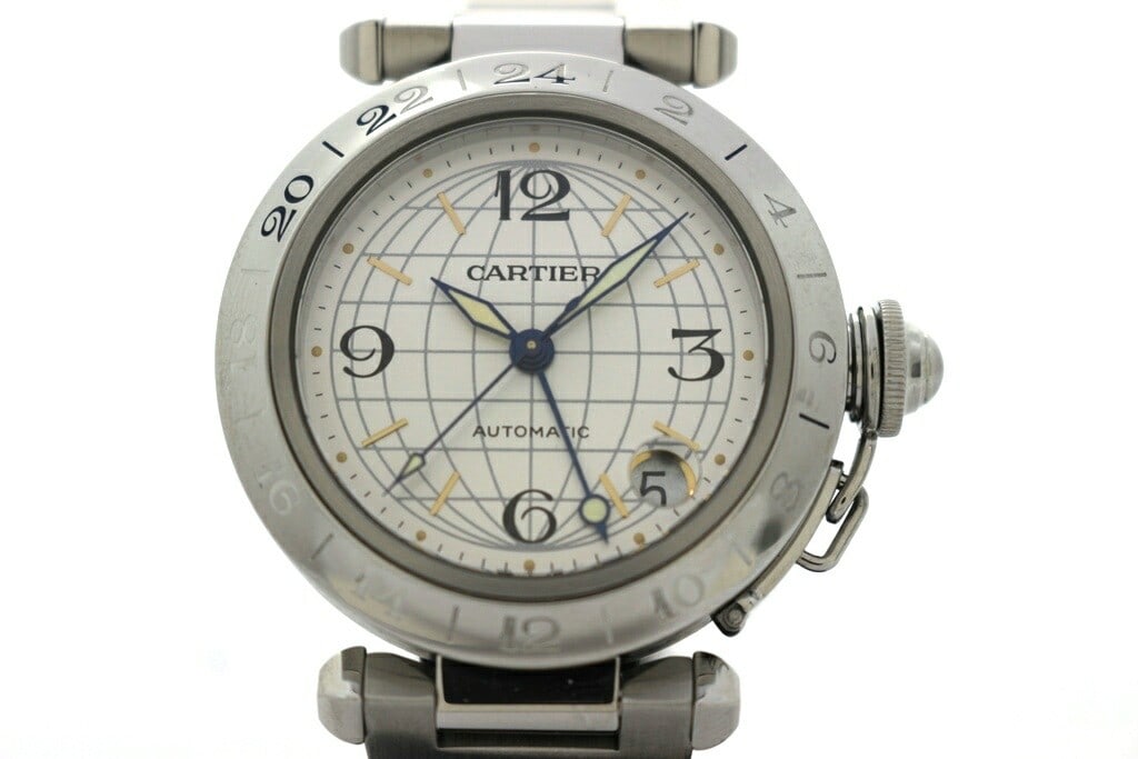 Cartier W31029M7 Pasha C Meridian GMT automatic unisex steel wristwatch: Cartier W31029M7 Pasha C Meridian GMT automatic unisex steel wristwatch Pre-owned Cartier Pasha C Meridian GMT automatic wristwatch designed for unisex wear. This Swiss-made watch is identified as mod