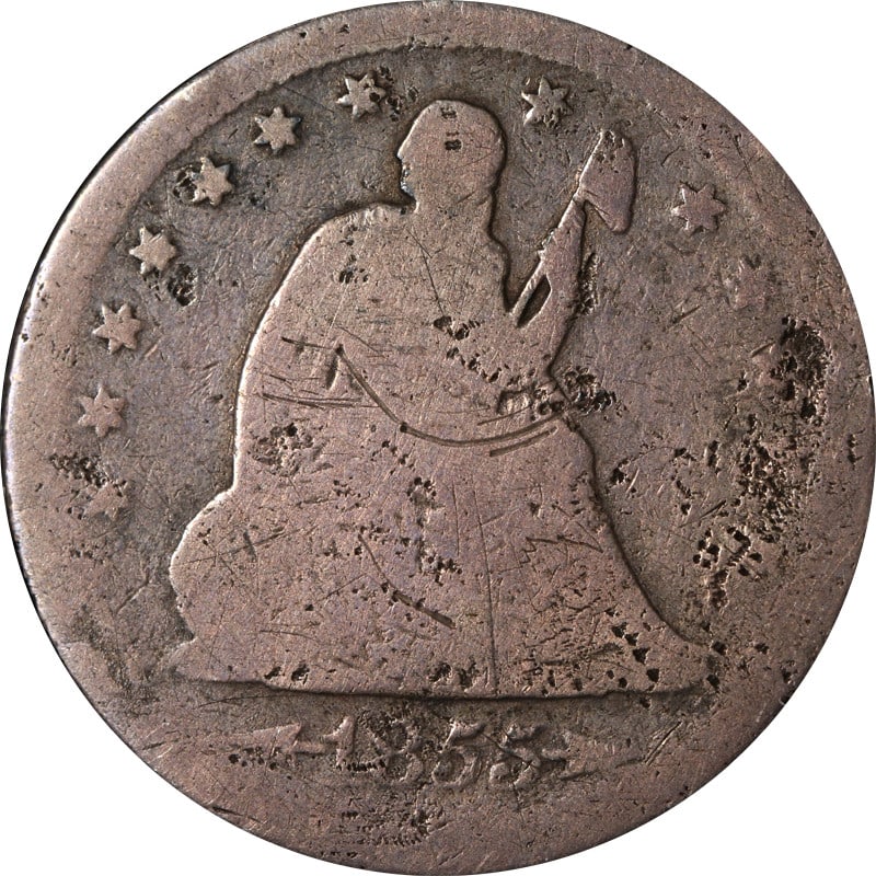 1855 San Francisco Silver Seated Liberty Quarter Circulated: 1855 San Francisco Silver Seated Liberty Quarter Circulated This is a circulated 1855-S Seated Liberty Quarter from the United States. Minted in San Francisco, this coin is composed of silver with a f