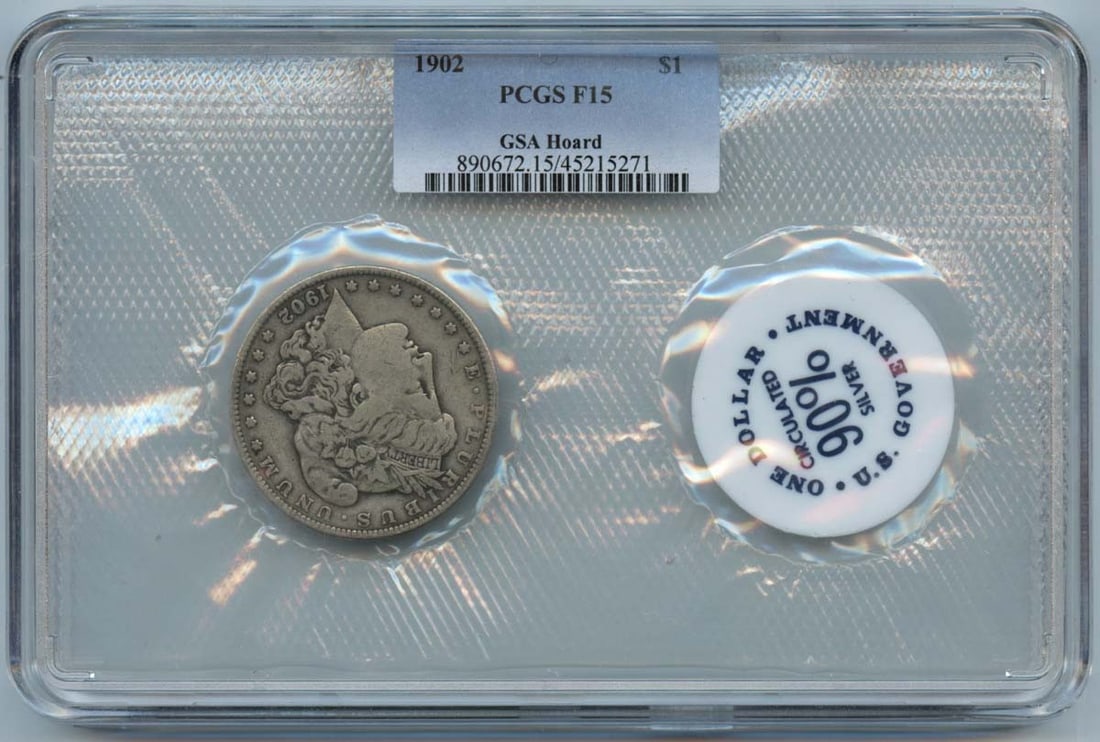 Morgan Dollar 1902 Silver Coin in GSA Soft Pack PCGS F15: Morgan Dollar 1902 Silver Coin in GSA Soft Pack PCGS F15 This 1902 Morgan Silver Dollar from the GSA Hoard is graded F15 by PCGS and features a circulated condition. Minted in Philadelphia, this colle