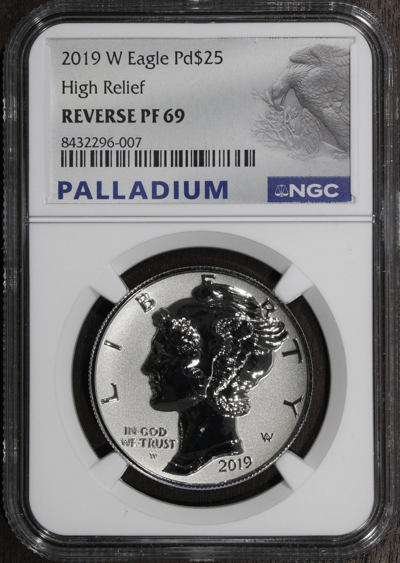 NGC PF69 2019-W Reverse Proof Palladium Eagle 1 oz $25 Coin: NGC PF69 2019-W Reverse Proof Palladium Eagle 1 oz $25 Coin 2019-W Reverse Proof Palladium Eagle coin graded PF69 by NGC. It is a 1 oz palladium coin from the U.S. Mint, dated 2019, with 0.999 finenes