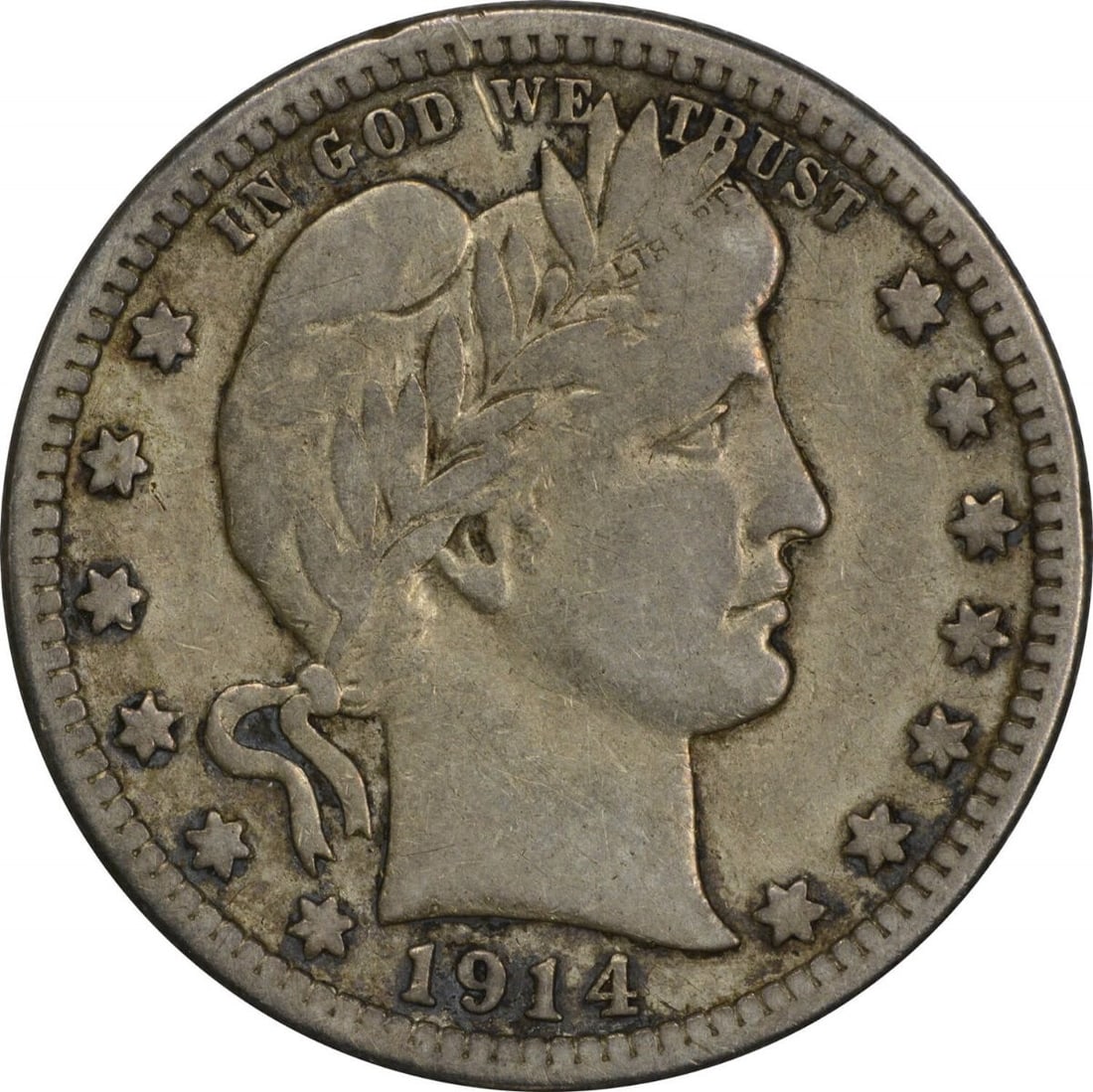 1914-S Barber Quarter 90% Silver Uncertified Circulated Coin: 1914-S Barber Quarter 90% Silver Uncertified Circulated Coin This 1914-S Barber Silver Quarter is a piece of history, featuring a design by the renowned Charles E. Barber. It is a circulated coin, ung
