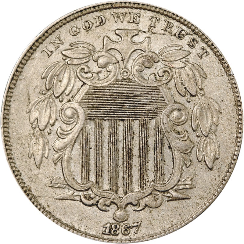 Circulated 1867 United States Nickel Coin Shield Design: Circulated 1867 United States Nickel Coin Shield Design This 1867 Shield Nickel is a circulated coin from the United States, composed of nickel. It is uncertified and is offered in pre-owned condition