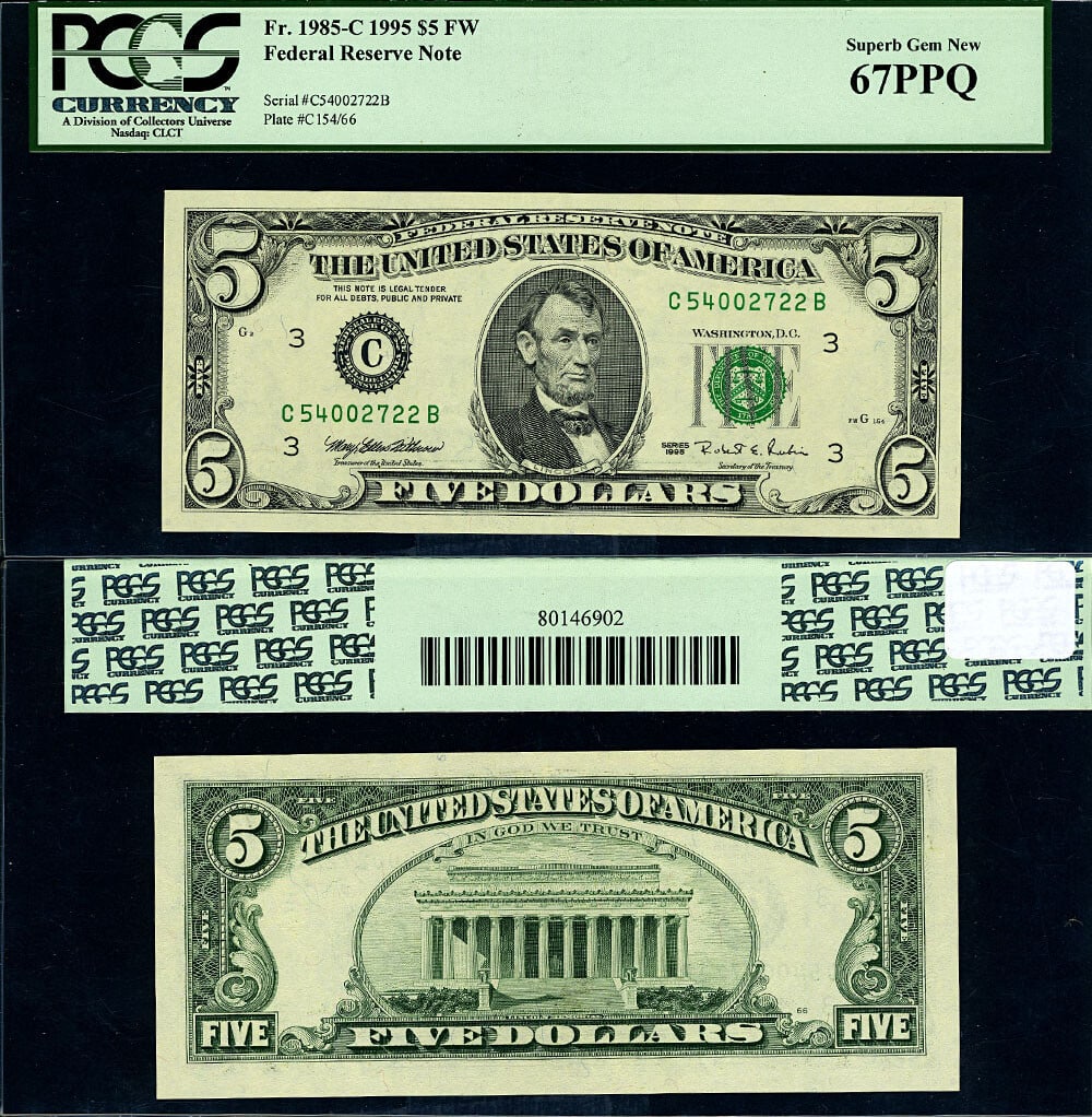 1995 $5 Federal Reserve Note Philadelphia CU67 PPQ PCGS Certified: 1995 $5 Federal Reserve Note Philadelphia CU67 PPQ PCGS Certified This is a 1995 $5 Federal Reserve Note from the Philadelphia district, C-B Block, graded Superb Gem CU67 PPQ by PCGS. It features exce