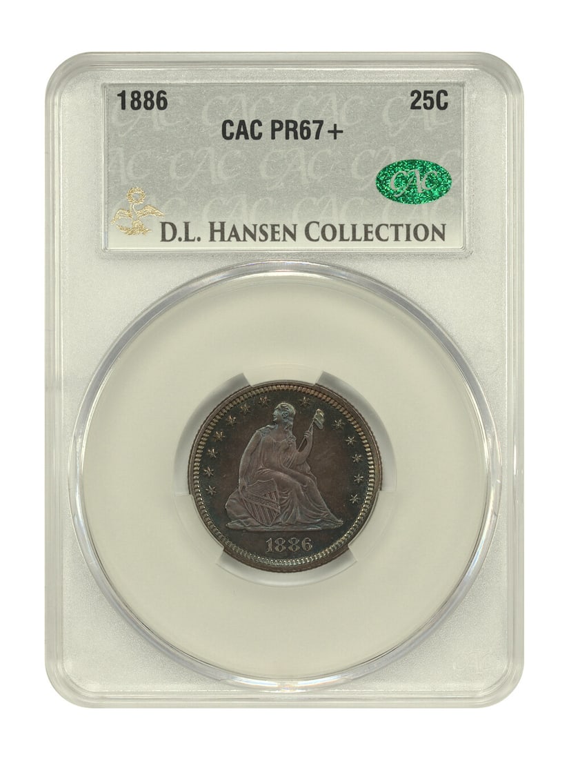 1886 Liberty Seated Quarter 25C PR67+ CACG ex D.L. Hansen: 1886 Liberty Seated Quarter 25C PR67+ CACG ex D.L. Hansen 1886 Liberty Seated Quarter, denomination 25C, certified by CACG and graded PR67+. It is an uncirculated proof coin from Philadelphia, with ce