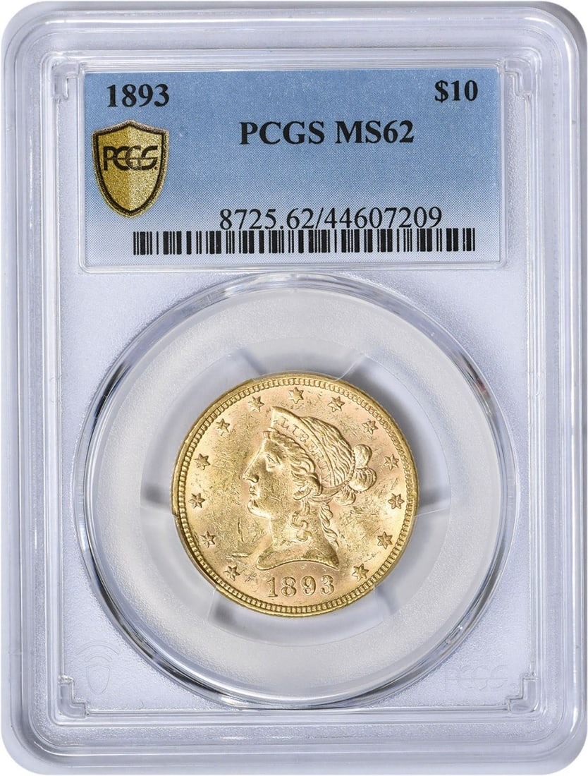 1893 $10 Gold Liberty Head Coin MS62 PCGS Uncirculated: 1893 $10 Gold Liberty Head Coin MS62 PCGS Uncirculated This stunning 1893 $10 Gold Liberty Head coin, graded MS62 by PCGS, is a remarkable addition to any collection. Struck in Philadelphia, this unci