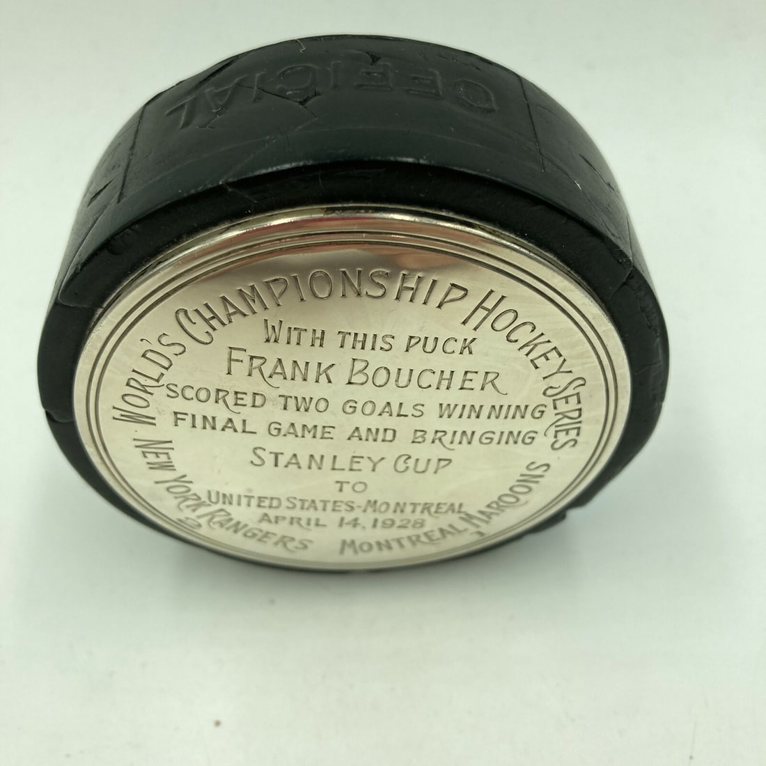 1928 New York Rangers Stanley Cup Game Winning Puck with Provenance: 1928 New York Rangers Stanley Cup Game Winning Puck with Provenance This historic game-used puck from the 1928 Stanley Cup Finals is a remarkable piece of hockey memorabilia. It was used during Game 5