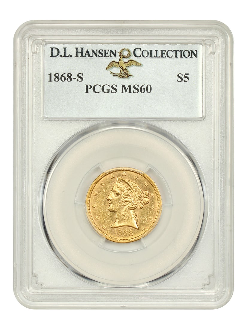 1868-S $5 Liberty Head Gold Coin PCGS MS60 Rare Uncirculated: 1868-S $5 Liberty Head Gold Coin PCGS MS60 Rare Uncirculated This 1868-S $5 Liberty Head gold coin, graded MS60 by PCGS, is a remarkable example of numismatic history. With a mintage of only 52,000, i