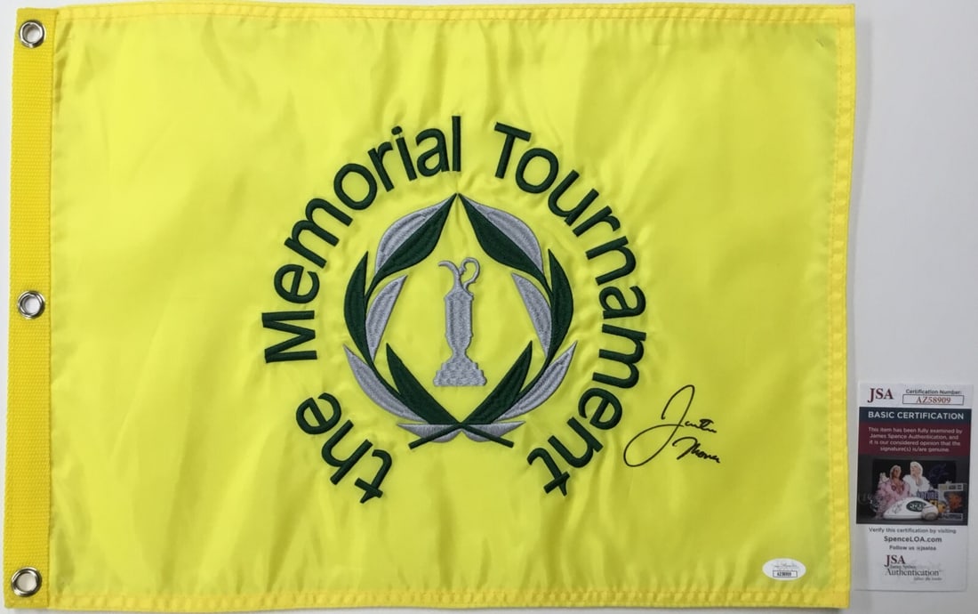 Justin Thomas Signed The Memorial Tournament Flag JSA #AZ58909: Justin Thomas Signed The Memorial Tournament Flag JSA #AZ58909 This is an official pin flag from The Memorial Tournament, personally signed by PGA star Justin Thomas. The autograph has been authentica