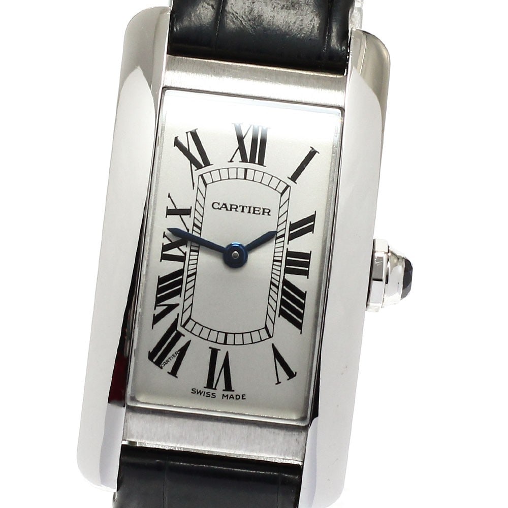 Cartier Tank Americaine SM Women Quartz Wristwatch Stainless Steel: Cartier Tank Americaine SM Women Quartz Wristwatch Stainless Steel This Cartier Tank Americaine SM WSTA0016 is a sophisticated women's wristwatch featuring a silver dial and a stainless steel case. Po