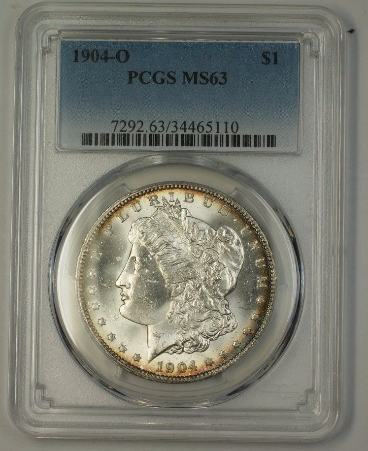 PCGS MS63 1904-O Morgan Dollar Silver Coin New Orleans Mint Uncirculated: PCGS MS63 1904-O Morgan Dollar Silver Coin New Orleans Mint Uncirculated This 1904-O Morgan Silver Dollar was minted in New Orleans and is composed of silver. Certified by PCGS with a grade of MS-63, 