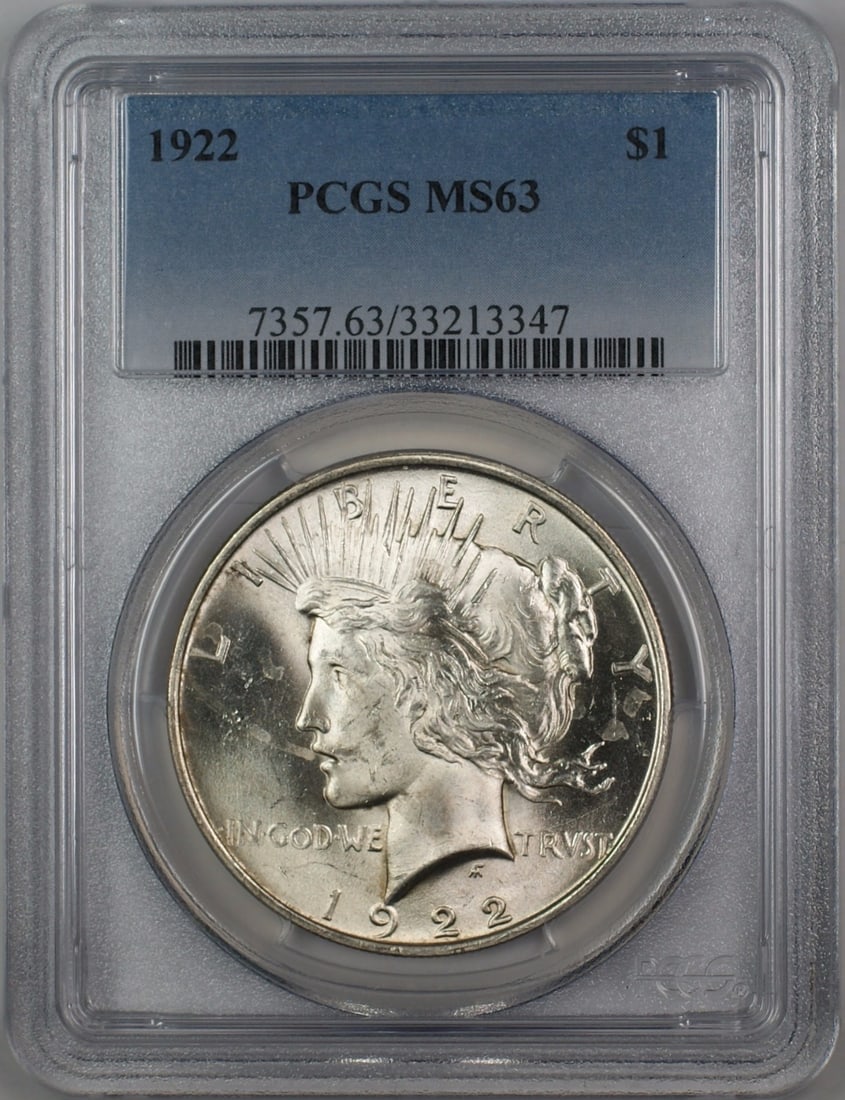 PCGS MS63 1922 Peace Silver Dollar: PCGS MS63 1922 Peace Silver Dollar This 1922 Silver Peace Dollar features a $1 denomination and is graded MS-63 by PCGS. Struck in Philadelphia, it is composed of silver and remains uncirculated. The 