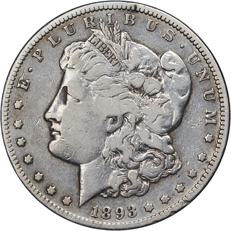 1893-CC Morgan Dollar F/VF Key Date Silver UNCERTIFIED: 1893-CC Morgan Dollar F/VF Key Date Silver UNCERTIFIED This 1893-CC Morgan Silver Dollar is a key date coin featuring attractive eye appeal and a strong strike. The coin is composed of silver with a f