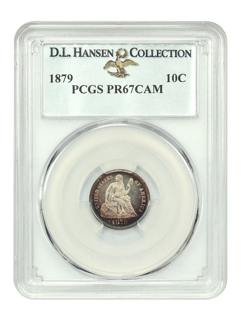1879 Liberty Seated Dime 10C PCGS PR67CAM ex D.L. Hansen: 1879 Liberty Seated Dime 10C PCGS PR67CAM ex D.L. Hansen An 1879 Liberty Seated Dime with a 10C denomination, certified by PCGS and graded PR67CAM. Minted in Philadelphia, this uncirculated proof exam