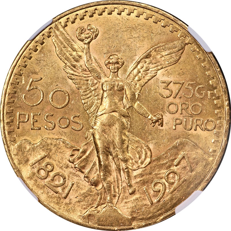 Mexico 50 Peso Gold Coin NGC MS62 1927: Mexico 50 Peso Gold Coin NGC MS62 1927 This 1927 Mexico Gold 50 Peso coin is certified by NGC with a grade of MS62, indicating it is in uncirculated condition. The coin features excellent eye appeal, 