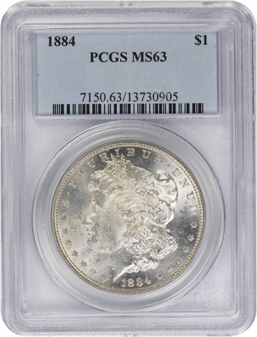 1884 Morgan Silver Dollar MS63 PCGS Uncirculated 90% Silver: 1884 Morgan Silver Dollar MS63 PCGS Uncirculated 90% Silver This 1884 Morgan Silver Dollar is certified by PCGS with a grade of MS63, indicating its uncirculated condition. Struck in Philadelphia, thi