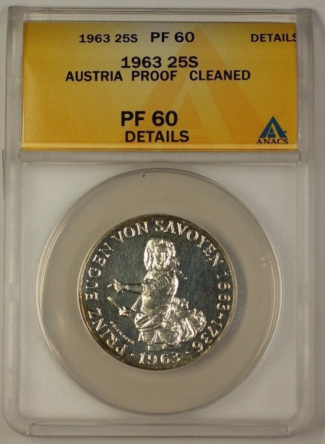 ANACS Certified 1963 Austria 25 Schilling Silver Coin PF-60 Details Cleaned: ANACS Certified 1963 Austria 25 Schilling Silver Coin PF-60 Details Cleaned This is a 1963 Austria 25 Schilling coin composed of silver. The coin is graded PR 60 Details by ANACS and has been noted as