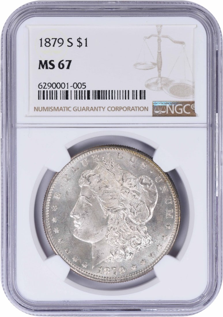 NGC MS67 1879-S Morgan Silver Dollar $1: NGC MS67 1879-S Morgan Silver Dollar $1 This is an un-used 1879 Morgan silver dollar, certified by NGC with a grade of MS67. Minted in San Francisco, the coin is composed of 90% silver and 10% copper 