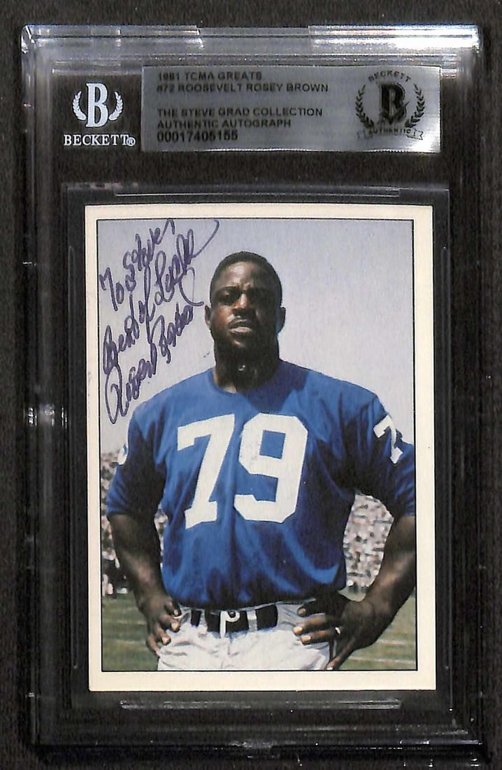 Roosevelt Rosey Brown Signed 1981 TCMA Greats Card Beckett Encapsulated: Roosevelt Rosey Brown Signed 1981 TCMA Greats Card Beckett Encapsulated This is an autographed 1981 TCMA Greats #72 sports trading card featuring Roosevelt "Rosey" Brown, a legendary tackle for the Ne