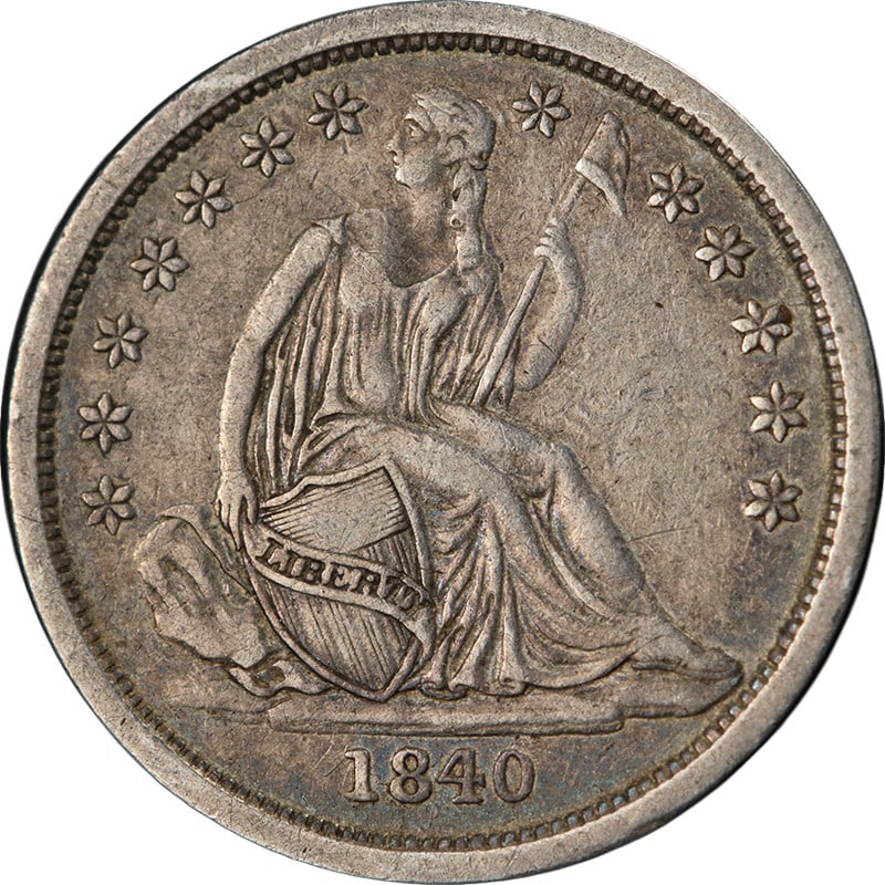 Seated Liberty 1840 Philadelphia Dime No Drapery XF Plus Silver Coin: Seated Liberty 1840 Philadelphia Dime No Drapery XF Plus Silver Coin This 1840-P Seated Liberty Dime features the 'No Drapery' variety and is graded Choice XF+. The coin displays superb eye appeal, st
