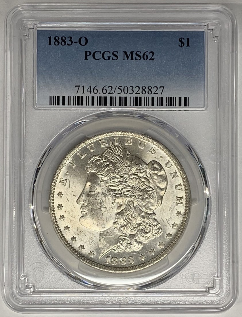PCGS MS 62 1883-O Morgan Silver Dollar Uncirculated US Coin: PCGS MS 62 1883-O Morgan Silver Dollar Uncirculated US Coin This is an 1883-O Morgan Silver Dollar coin graded MS 62 by PCGS. The coin is uncirculated and composed of silver, originating from the Unit