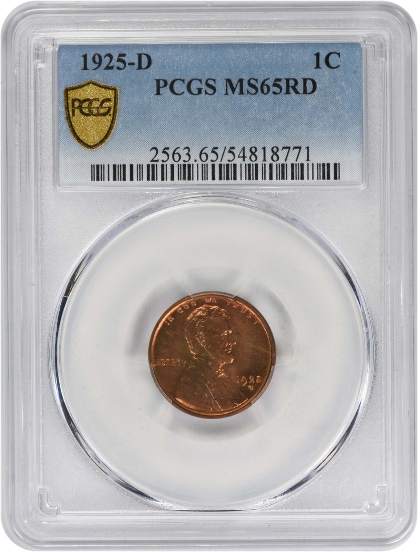 MS65 Red 1925 Denver Mint Lincoln Wheat Cent PCGS Certified: MS65 Red 1925 Denver Mint Lincoln Wheat Cent PCGS Certified This 1925-D Lincoln Wheat Cent is graded MS65 Red by PCGS, indicating uncirculated condition with full original red color. Struck in copper,