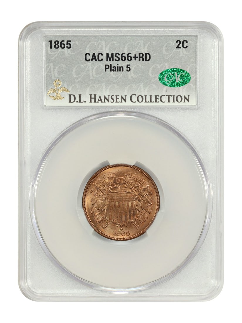 1865 Plain 5 Two Cent 2C CACG MS66+RD: 1865 Plain 5 Two Cent 2C CACG MS66+RD 1865 Two Cent coin, certified by CACG and graded MS66+RD. This Philadelphia issue is an uncirculated Plain 5 example with frosty red surfaces, full strike, and bo