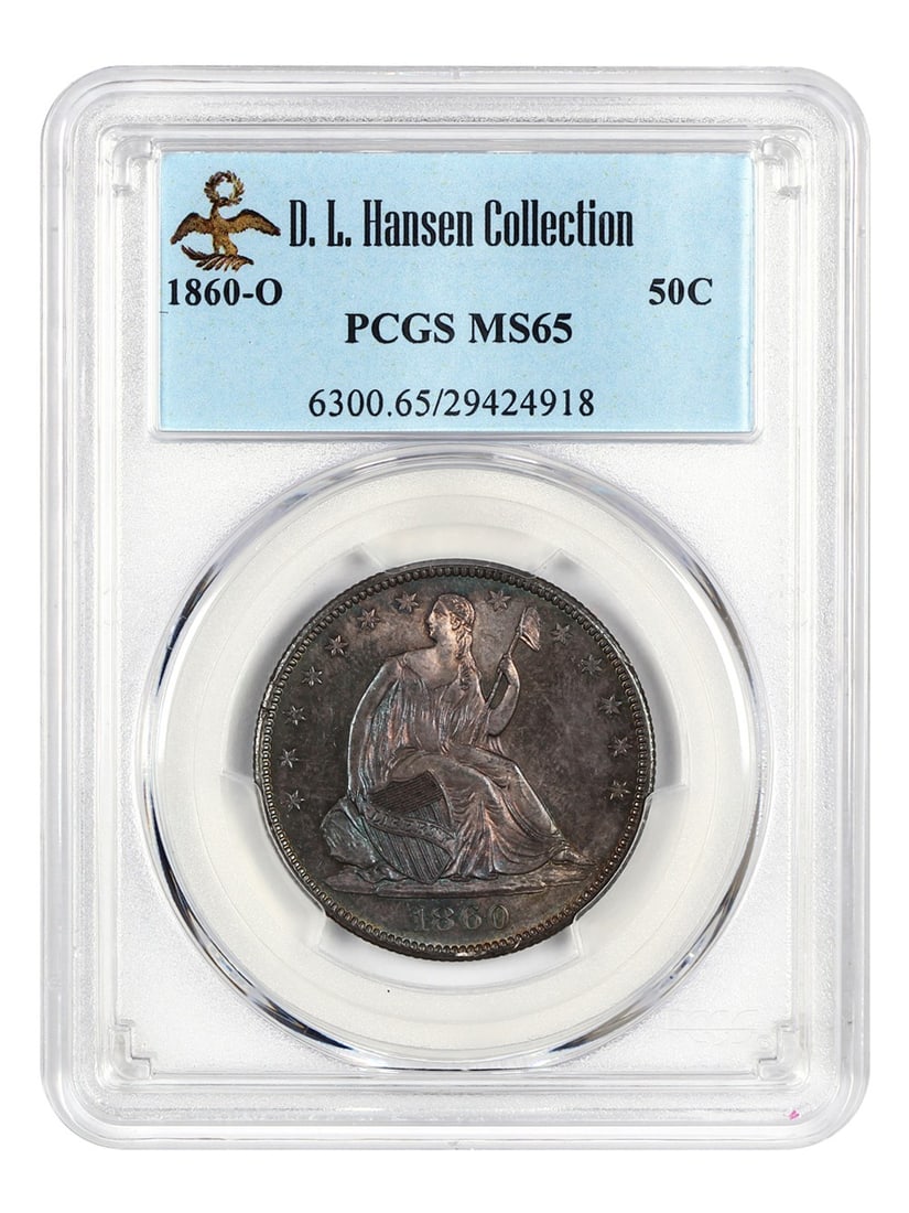 PCGS MS65 1860 O Liberty Seated Half Dollar ex D L Hansen: PCGS MS65 1860 O Liberty Seated Half Dollar ex D L Hansen 1860-O 50C Liberty Seated Half Dollar graded PCGS MS65. This uncirculated coin is from the D.L. Hansen collection and is described as an excep