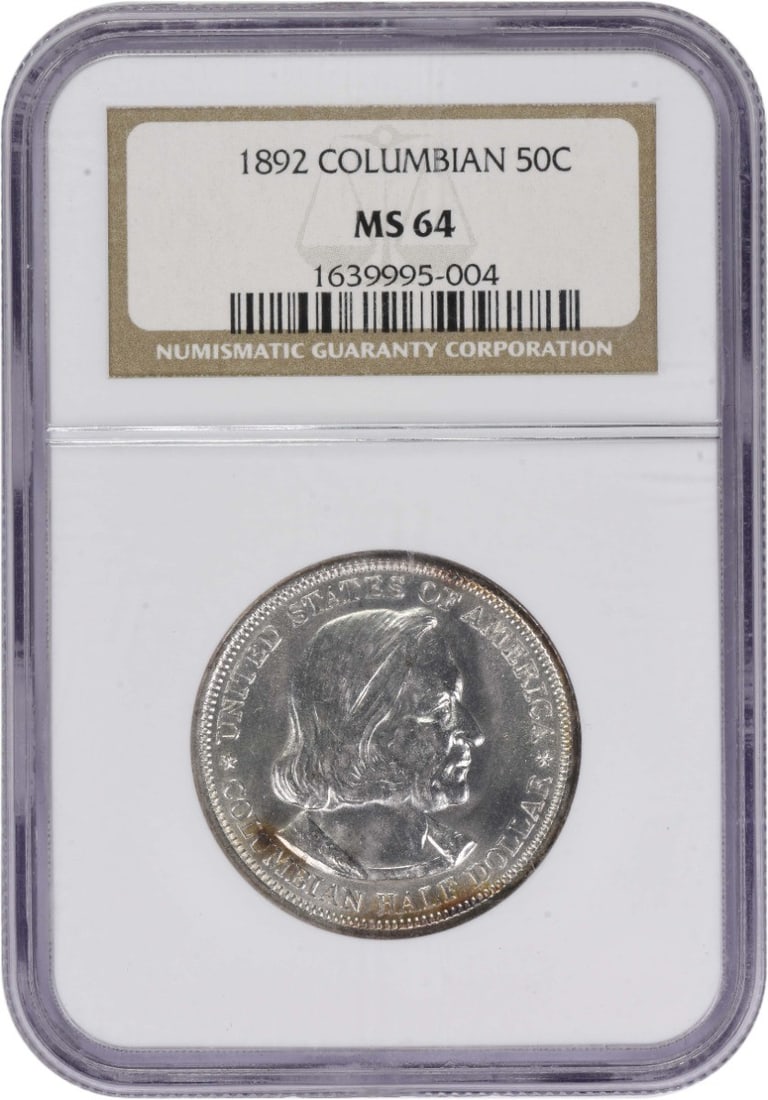 1892 United States Silver Commemorative Half Dollar NGC MS64: 1892 United States Silver Commemorative Half Dollar NGC MS64 This is a 1892 Columbian Commemorative Silver Half Dollar graded MS64 by NGC. The coin is uncirculated and features a silver composition. I