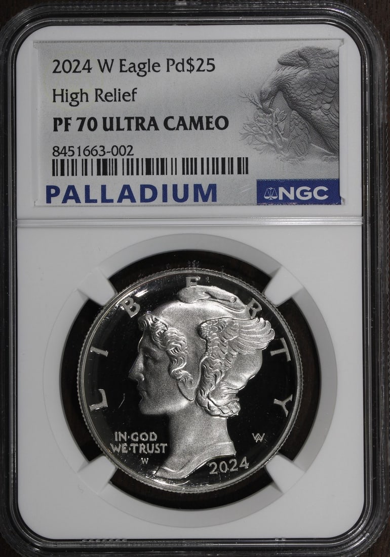 NGC PF70 DCAM 2024-W Palladium Eagle $25 Proof Coin 1 oz: NGC PF70 DCAM 2024-W Palladium Eagle $25 Proof Coin 1 oz 2024-W Proof 1 oz Palladium Eagle coin graded PF70 DCAM by NGC. It is composed of palladium with 0.999 fineness and has a precious metal conten