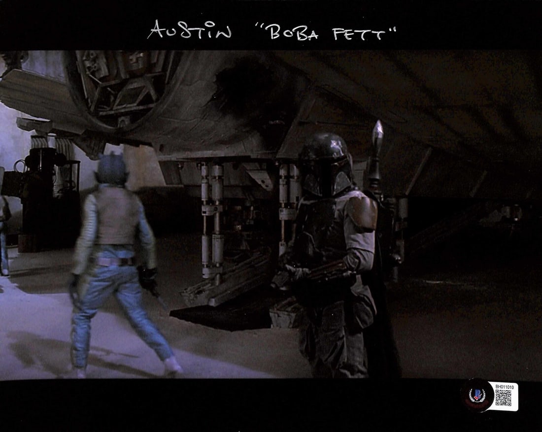 8x10 Photo Signed by Mark Austin as Boba Fett with Beckett Authentication: 8x10 Photo Signed by Mark Austin as Boba Fett with Beckett Authentication This is an 8x10 color photograph signed by Mark Austin, who portrayed Boba Fett in Star Wars: A New Hope Special Edition. The 