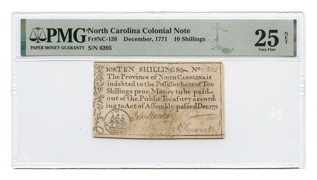 Dec 1771 10 Shillings NC Colonial Note PMG VF25 NET: Dec 1771 10 Shillings NC Colonial Note PMG VF25 NET This 10 Shillings note from North Carolina, dated December 1771, is a remarkable piece of colonial currency. Certified by PMG with a grade of VF25, 