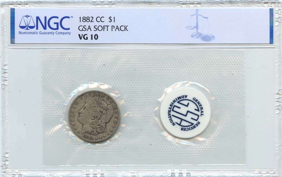 NGC Certified 1882 Carson City Morgan Silver Dollar GSA Soft Pack VG10: NGC Certified 1882 Carson City Morgan Silver Dollar GSA Soft Pack VG10 This 1882-CC Morgan Dollar is certified by NGC with a grade of VG10. Minted in Carson City, this circulated coin comes in a GSA s