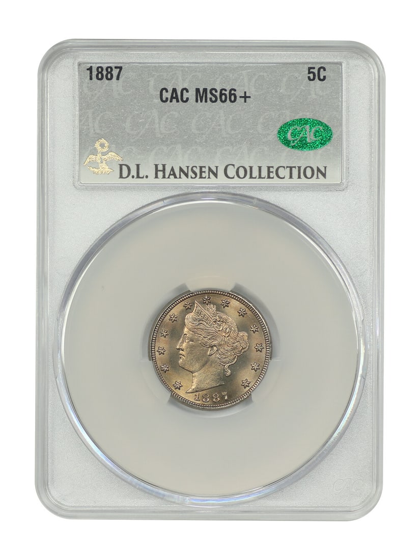 1887 Liberty Nickel 5C CACG MS66+ D.L. Hansen Collection: 1887 Liberty Nickel 5C CACG MS66+ D.L. Hansen Collection This 1887 Liberty Nickel is a certified uncirculated 5C coin from Philadelphia, graded MS66+ by CACG with certification number 321403128. It is